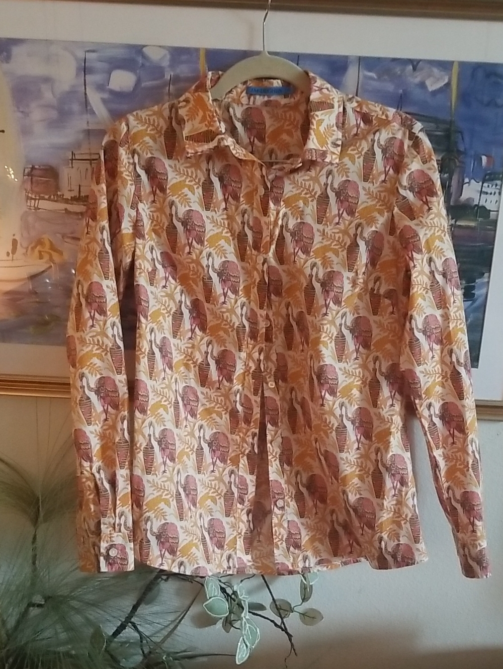 J. McLaughlin Tropical Bird Print Shirt in Mustard & Coral